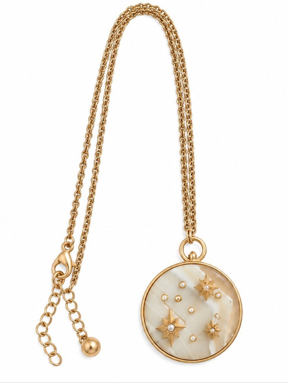 Vintage Style Round Gold Tone Pendant Necklace Frosted Etched Glass Starburst